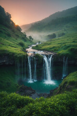 Waterfall in green valley in foggy morning at sunrise