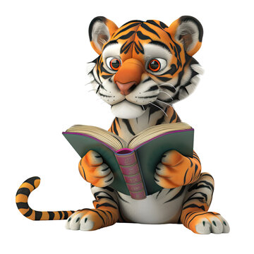 Close-up image of a tiger engrossed in reading a book set against a dark transparent background