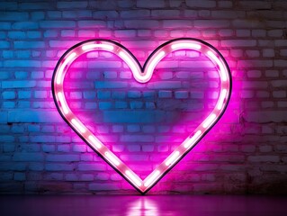 Neon heart sign on brick wall background
