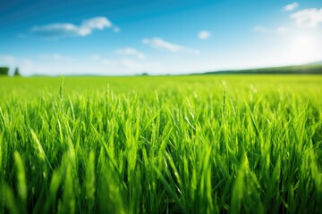 Fototapeta premium Vibrant green grass field under clear blue sky