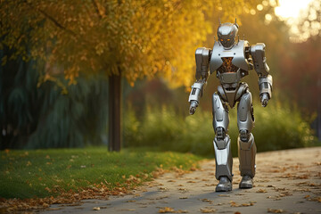 Futuristic robot walking in autumn park