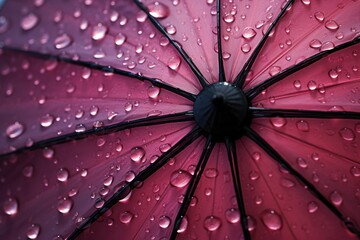 A close up of a red umbrella with raindrops on it