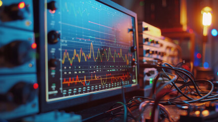Close-up view of a monitor displaying colorful audio waveforms in a music studio.