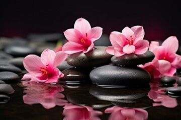 A bouquet of pink flowers is placed on top of a stack of black stones