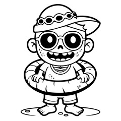 Vector svg zombie, coloring book page for kids, cute, black and white cartoon zombie wearing sunglass hatching from a rubber ring, white background	