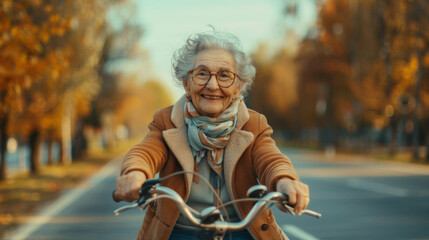 Smiling senior woman cycling on a sunny fall day, enjoying her leisure time.