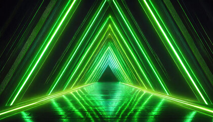 Vibrant green neon lights forming triangular shapes with a futuristic tunnel effect. - 782566818