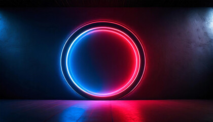 A neon red and blue , round circle, light illuminating a black room. - 782566819