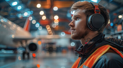 Young male aviation mechanic in reflective vest standing by a jet turbine inside a hangar.