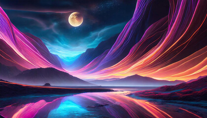 Neon Waves Background with moon in the sky. - 782567217
