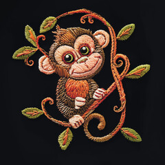 Embroidery little funny monkey on branch with leaves. Tropical animal pattern background. Vector beautiful backdrop. Ornamental surface embroidered monkey for design, applique, print, fabric, clothes