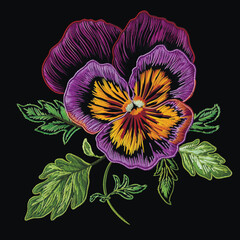 Embroidery 3d pansy flowers. Embroidered pansies flowers, leaves. Embroidery floral colorful vector background illustration. Tapestry beautiful stitch textured flower. Stitching lines surface texture
