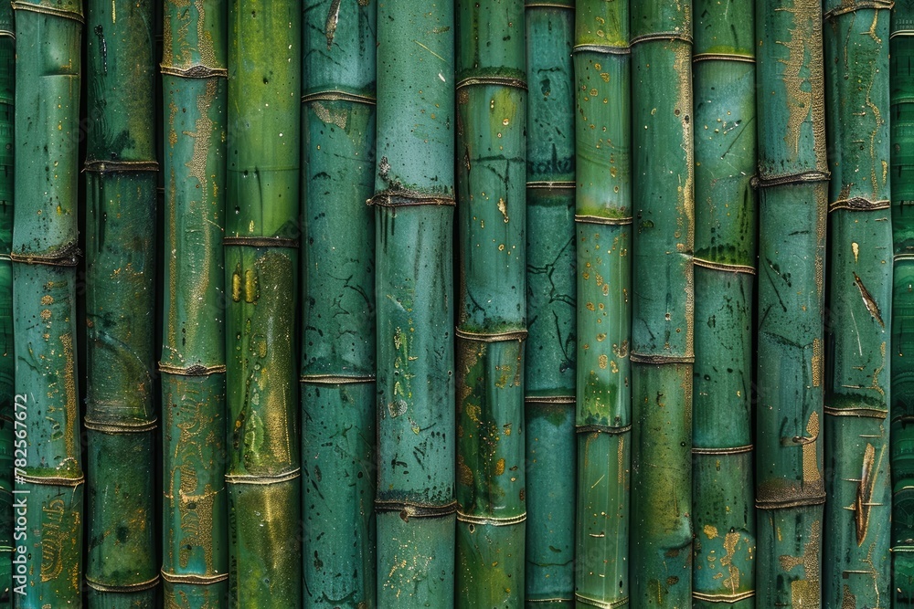 Poster a close up of green bamboo with a few brown spots. the bamboo is arranged in a row and he is in a fo