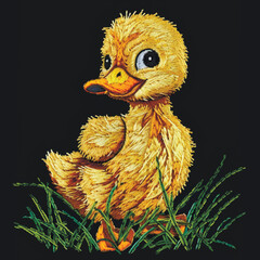 Embroidery funny little yellow 3d duckling on the green grass. Textured cartoon farm animal vector background. Embroidered duck bird pattern illustration. Grunge surface texture. Tapestry duckling