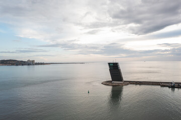 Torre VTS de Lisboa - VTS Vessel Traffic System Tower Centre for Coordination and Control of Maritime Traffic and Safety of Lisbon. Aerial view