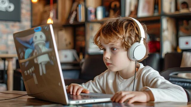 Cute little boy in headphones is playing computer games at home.
