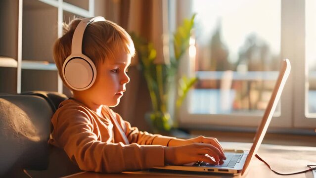 Cute little boy in headphones is playing computer games at home.