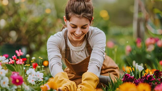 Woman planting gardens flowers agriculture gardener hobby and garden job.