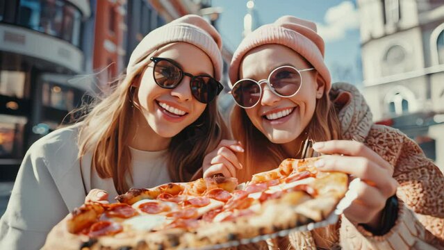 Happy young group female friends enjoying and eating pizza on city street.