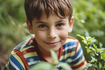 Portrait of a boy with green leaves in the garden. Selective focus.