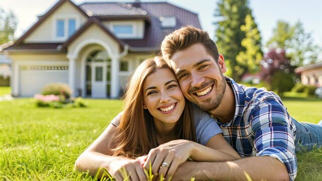 Young happy couple lying on green grass yard in front of new home. 