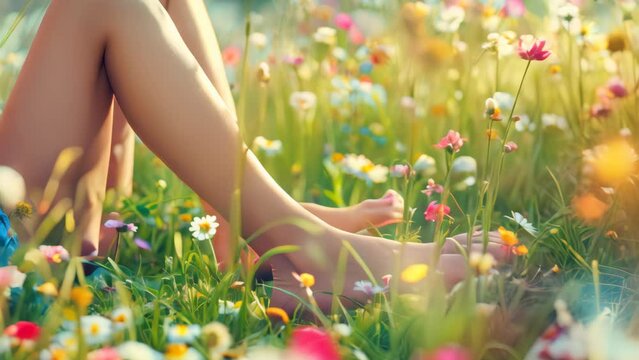 Legs of  girl lying on the spring blooming meadow and flower.