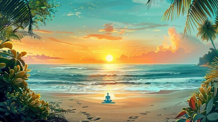 Morning Yoga on Tranquil Beach - Health and Peace - obrazy, fototapety, plakaty