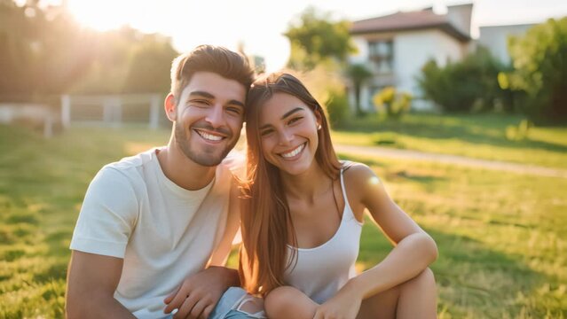 Young happy couple lying on green grass yard in front of new home. 