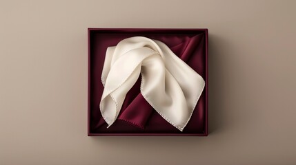 White silk scarf in a dark red gift box as a mockup for product sampling. Red box with silk scarf in photo shoot style for luxury brands.