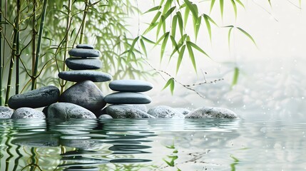 States of mind, meditation, feng shui, relaxation, nature, zen concept. Bamboo, rocks and water