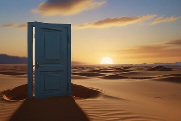 Opened Door in Desert: Unknown Startup Concept 3D Illustration for Creative Entrepreneurs and Innovative Visionaries - obrazy, fototapety, plakaty