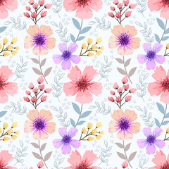 Fototapeta premium blooming colorful flowers and leaf seamless pattern. This pattern can be used for fabric textile wallpaper.