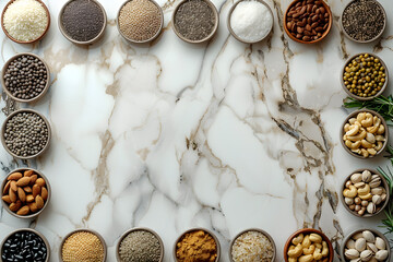 Cuisine ingredients like spices and nuts on a marble surface