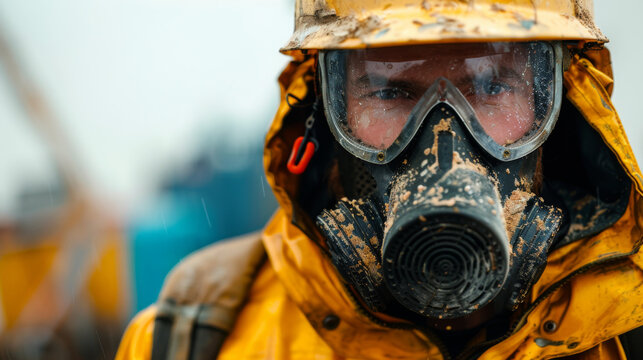 Close-up of a worker covered in dirt wearing a respirator mask and protective yellow gear.