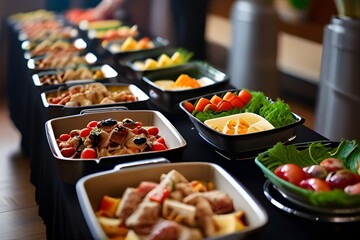 Vibrant Indoor Buffet: Group Dining on Meat, Fruits, and Vegetables in Restaurant Setting
