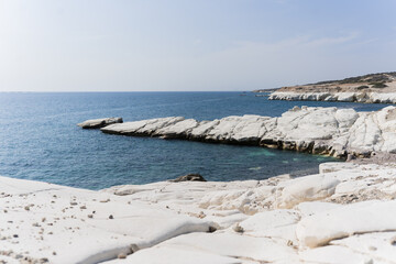 view of coastline and landmark big white chalk rock at Governor's beach,Limassol, Cyprus. Steep...