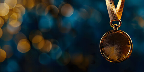 Winner medal, victory. Blurred background with bokeh lights