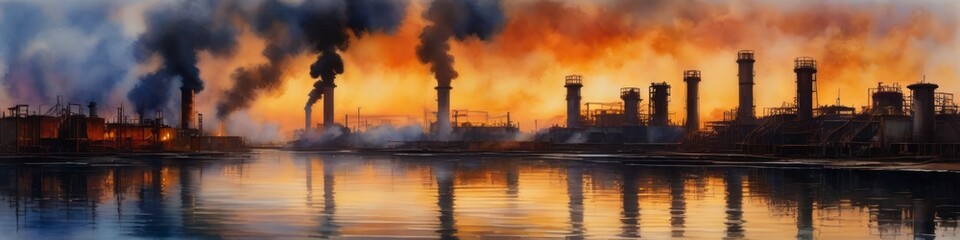 Obraz na płótnie Canvas Abstract watercolor illustration on ecological theme about pollution by factories, background for social media banner, website and for your design, space for text 