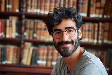 Fototapeta premium Cheerful Bearded Man in a Cozy Library Setting