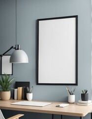 Close-up frame mockup in workspace interior, 3d rendering