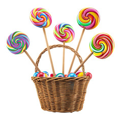 Lollipops and candies are arranged in a basket, creating a sweet and colorful display Isolated on transparent