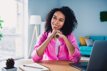 Photo of pretty young girl wondered minded entrepreneur wear trendy pink outfit modern interior...