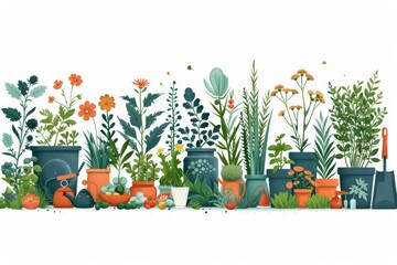 Obraz premium Plant in pot vector illustration set as a background.