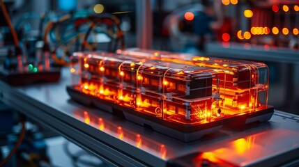 Obraz premium EV Car Battery. Close-up of a next-gen car battery made from cutting-edge nanomaterials, glowing with energy in a high-tech laboratory setting