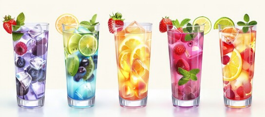 Cold drink menu. Six glasses filled with colorful drinks. Berry flavored lemonades and mojito, super realistic - obrazy, fototapety, plakaty