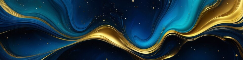 Abstract 3D illustration blue and golden waves on dark background, background for design, space for text.	
