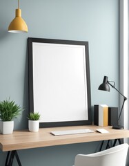 Close-up frame mockup in workspace interior, 3d rendering
