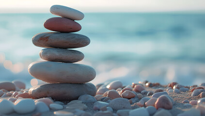 stack of stones on beach, Balanced pebble pyramid silhouette on beach with ocean in background, Zen stones on the sea beach, meditation, spa, harmony, calmness, balance concept, blur background	 - obrazy, fototapety, plakaty