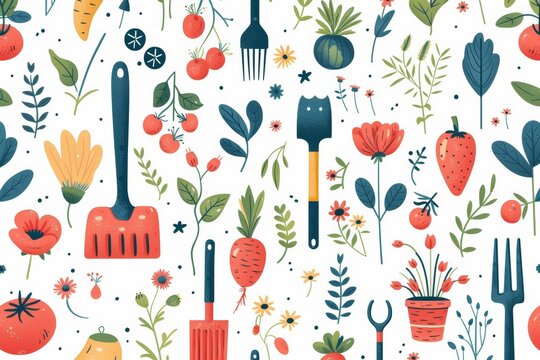 garden tools and vegetables seamless pattern clip art preview