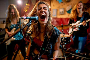 Young Energetic Lead Singer of a Rock Band Rehearsing with Her Bandmates - obrazy, fototapety, plakaty